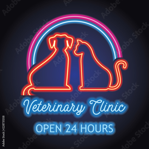 veterinary clinic logo for animal and vetrinary hospital with neon light effect. vector illustration
