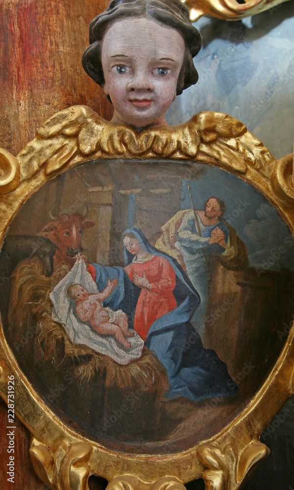Fototapeta premium Nativity Scene, altarpiece in the Church of Our Lady of the Snow in Belec, Croatia