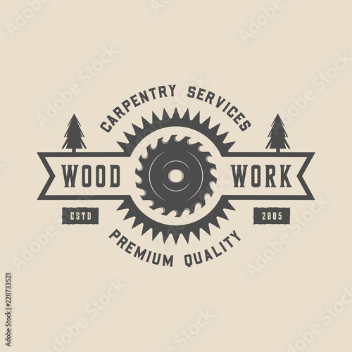 Vintage carpentry, woodwork and mechanic label, badge, emblem an