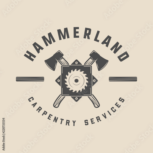 Vintage carpentry, woodwork and mechanic label, badge, emblem an