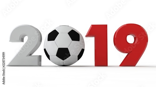 3D illustration of 2019 date, with a soccer ball. The idea for the calendar, 3D rendering of the world Cup, the victory date.