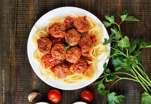 Meatballs and spaghetti on plate