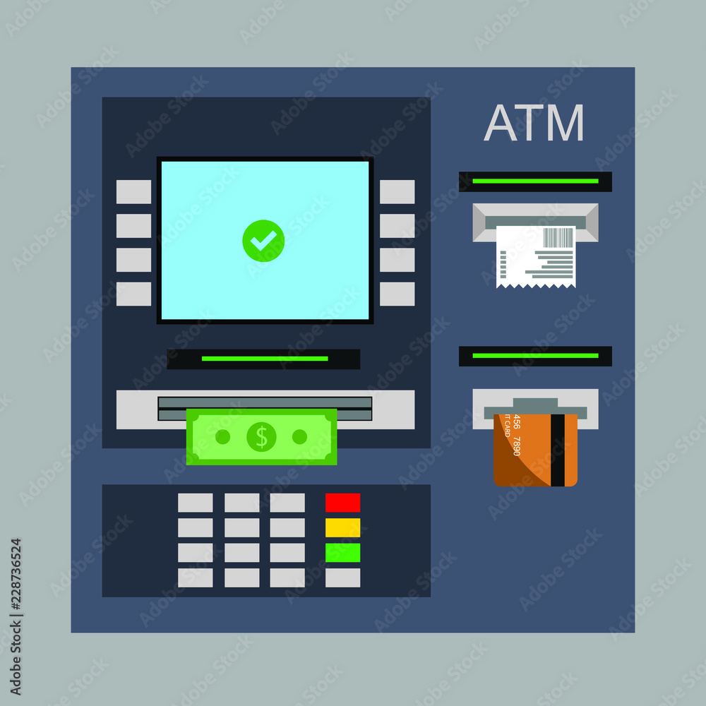 Flat design of ATM machine with cash, credit card and check. Withdrawing money from ATM. Using automat terminal. Vector illustration. Isolated. Flat design of ATM machine with cash, credit card and check. Withdrawing money from ATM. Using automat terminal. Vector illustration. Isolated.