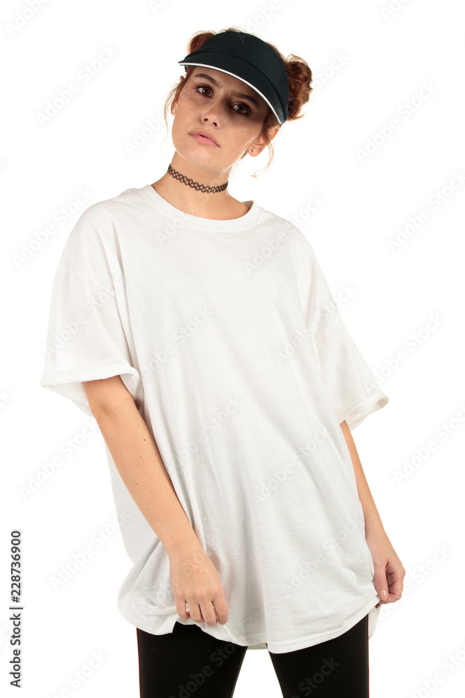 Blank t-shirt mock-up - Cool streetwear fashion girl ready for your design Blank t-shirt mock-up - Cool streetwear fashion girl ready for your design