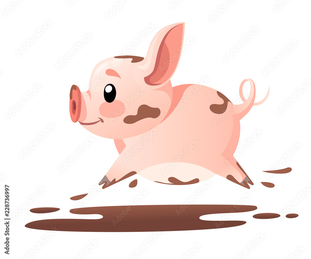Cute pig. Cartoon character design. Running little pig in mud. Flat vector illustration isolated on white background Stock Vector | Adobe Stock Cute pig. Cartoon character design. Running little pig in mud. Flat vector illustration isolated on white background Stock Vector | Adobe Stock