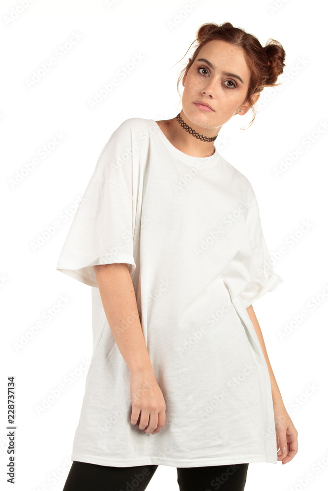 Blank t-shirt mock-up - Cool streetwear fashion girl ready for your design Blank t-shirt mock-up - Cool streetwear fashion girl ready for your design