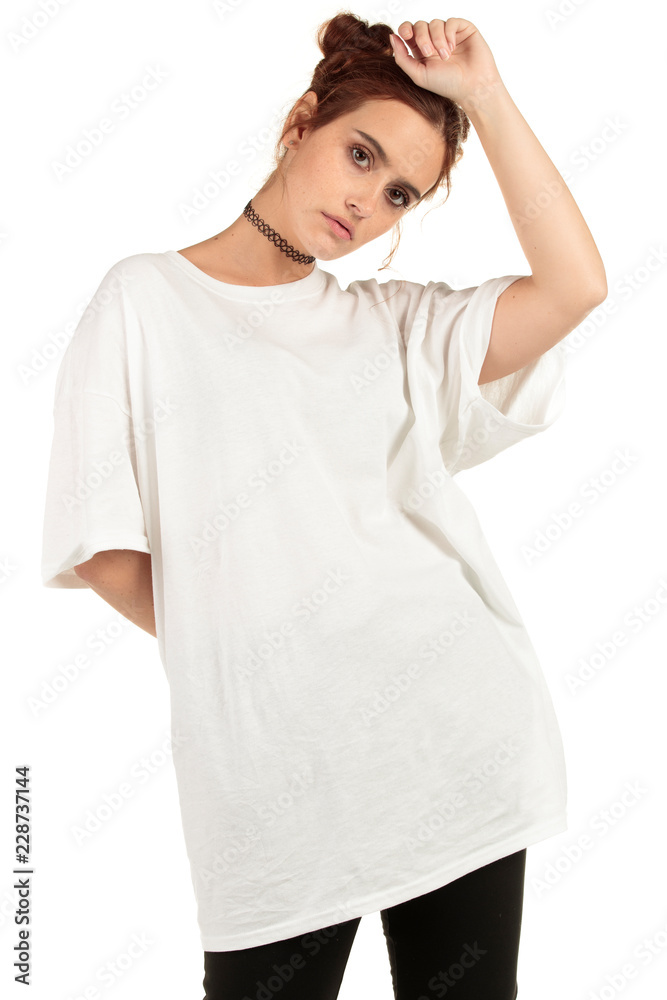 Blank t-shirt mock-up - Cool streetwear fashion girl ready for your design Blank t-shirt mock-up - Cool streetwear fashion girl ready for your design
