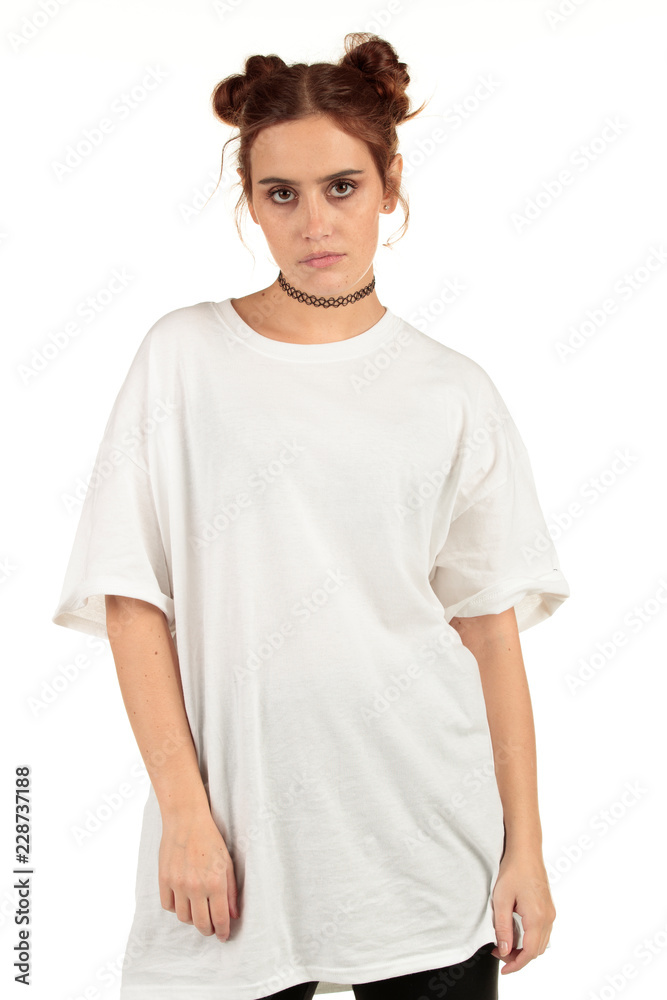 Blank t-shirt mock-up - Cool streetwear fashion girl ready for your design Blank t-shirt mock-up - Cool streetwear fashion girl ready for your design
