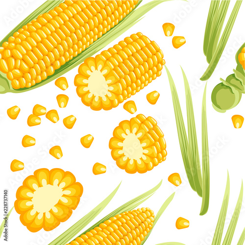 Seamless pattern. Corn with leaves. Corn cob with separated seeds. Flat vector illustration on white background