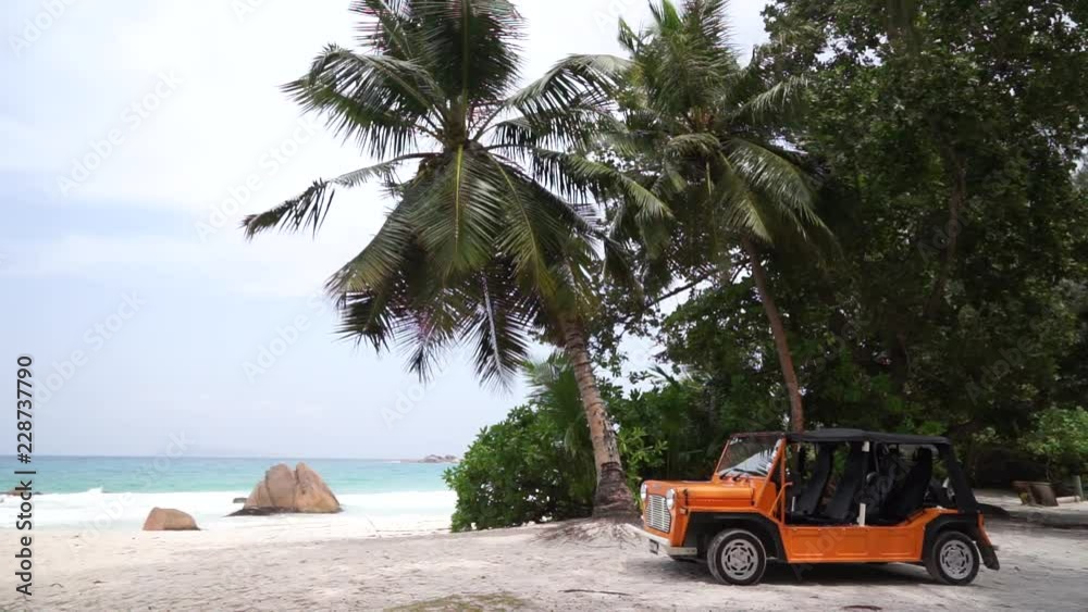 Static view of tropical beach with palm trees and tourist rental car