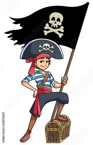 Full length illustration of happy boy, smiling while wearing pirate costume during carnival party against white background for copy space.