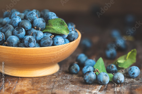 Autumn harvest blue sloe berries on a wooden table background. Dark rustic style