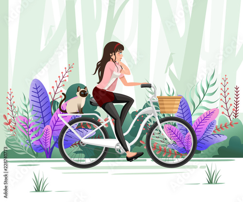 Beautiful women riding bicycle. Cat sit on bicycle. Cartoon character design. Flat vector illustration on forest landscape background