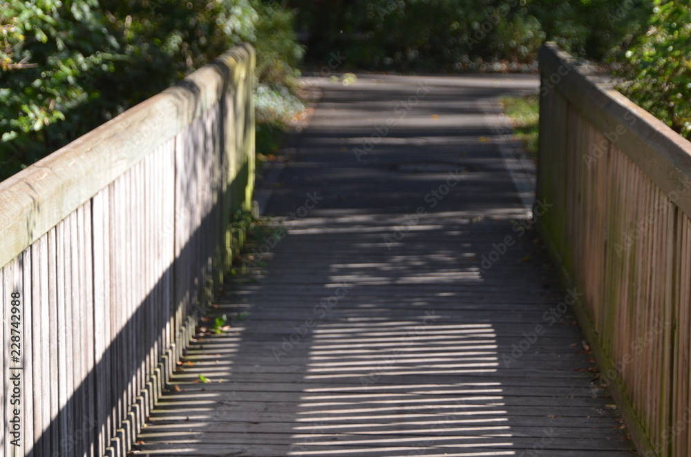 small wooden bridge from first person perspective as part of a path, walkway, trail, track