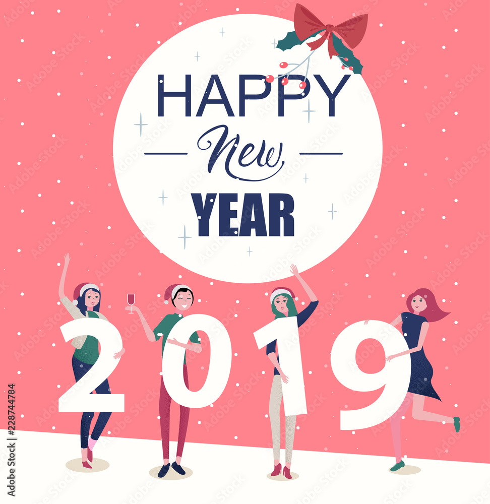 Happy New Year 2019 poster with people and figures.