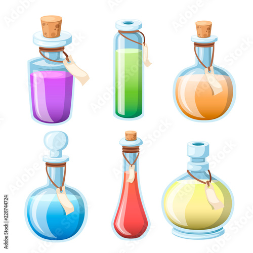 Set of magic potions. Bottles with colorful liquid. Game icon of magic elixir. Purple potion flat icon. Mana, health, poison or magic elixir. Vector illustration isolated on white background