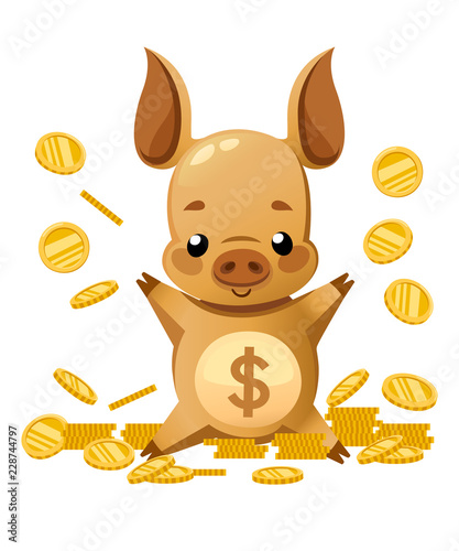 Cute piggy bank. Cartoon character design. Little pig play with gold coin. Falling coins. Flat vector illustration isolated on white background