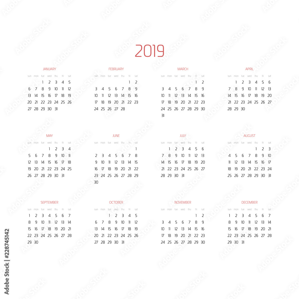 Vector calendar - Year 2019. Week starts from Sunday. Simple flat vector illustration with maroon headers Vector calendar - Year 2019. Week starts from Sunday. Simple flat vector illustration with maroon headers
