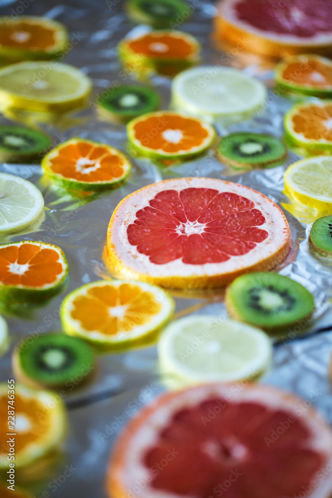 Close photo of fruit cut into round pieces. Close photo of fruit cut into round pieces.