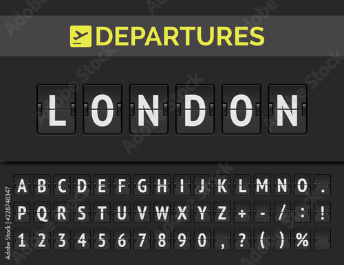 Airport flip board font showing flight departure destination in Europe London. Vector