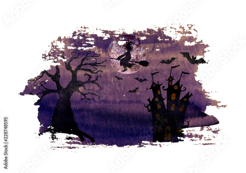 Halloween dark purple night background with wicked witch flying on broom, terrible dead tree, castle, bats and full moon