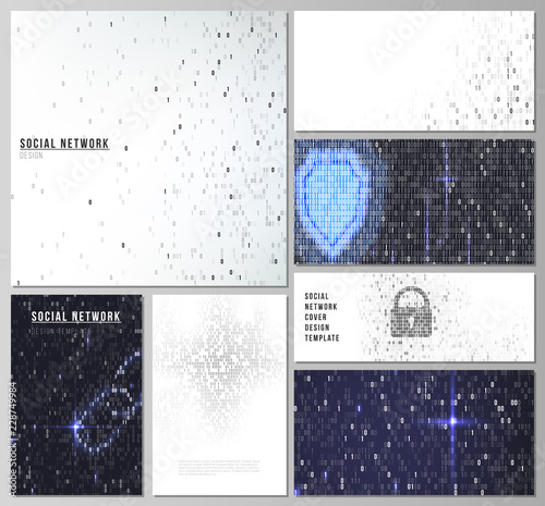 The minimalistic abstract vector layouts of modern social network mockups in popular formats. Binary code background. AI, big data, coding or hacker concept, digital technology background.