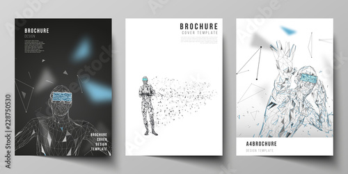 The vector layout of A4 format modern cover mockups design templates for brochure, magazine, flyer, booklet, annual report. Man with glasses of virtual reality. Abstract vr, future technology concept.