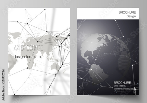 Vector layout of A4 format cover mockups design templates for brochure, flyer, booklet. Futuristic design with world globe, connecting lines and dots. Global network connections, technology concept.