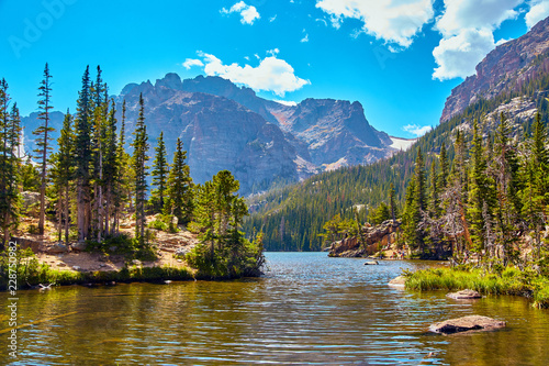 The Loch Lake in Rocky Mountains Landscape Pine Trees