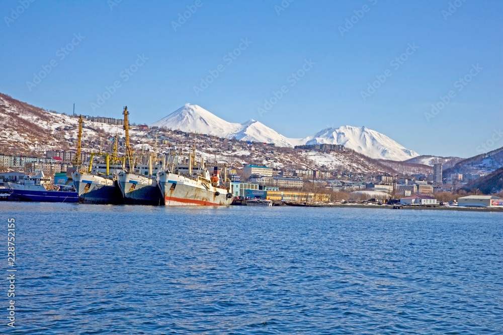 Petropavlovsk - Kamchatsky harbour in Avachinskaya Bay with volcanos in the background, Russia