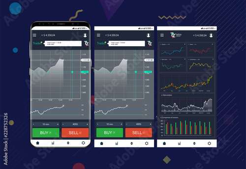 Mobile Stock Trading Concept. UI UX Design.  Trendy Mobile Banking. Cryptocurrency Technology. Bitcoin Exchange. Financial Analytics. Trading Business Application Template. Vector illustration