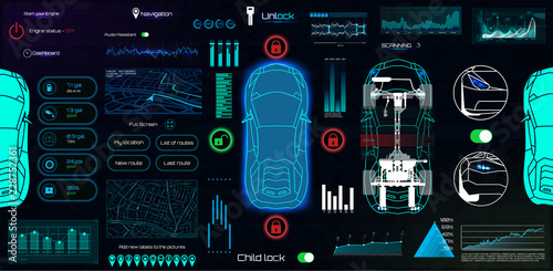 Application Elements for Car, Futuristic style (HUD). Ui,UX, Kit.  Set Elements for  mobile app, dark color, dashboard, Template smartphone application. Vector set