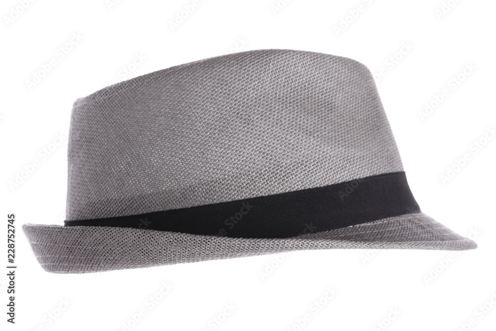 Gray fedora hat against white background - obrazy, fototapety, plakaty 