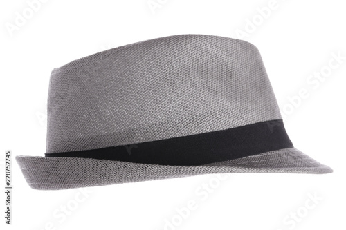 Gray fedora hat against white background photo