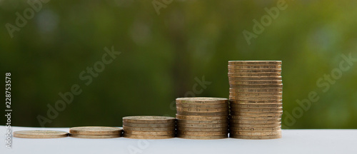 Histogram of coins and bamknotes on a green background. Concept of growth of currency. photo