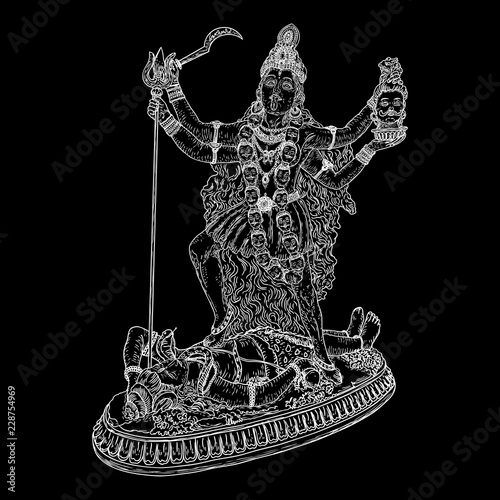 Indian hindi goddess Kali also known as the Dark Mother. Vector illustration.