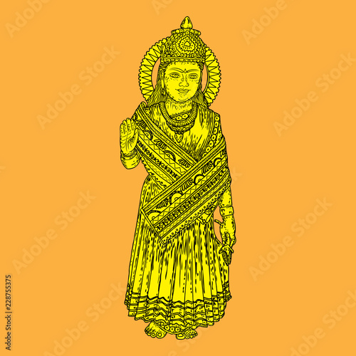 Devi Parvati classic traditional Hindu deity hand drawing. Vector.