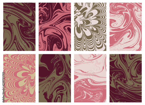 Set of liquid marble texture in color. Swirls and ripples of stone. Fluid art Ebru  template for design covers, fashion posters, business cards, presentation, invitation, makeup flyers. Vector.