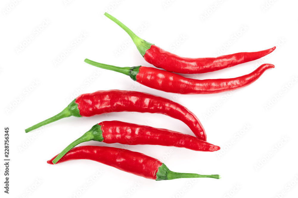 red hot chili peppers isolated on white background. Top view. Flat lay pattern