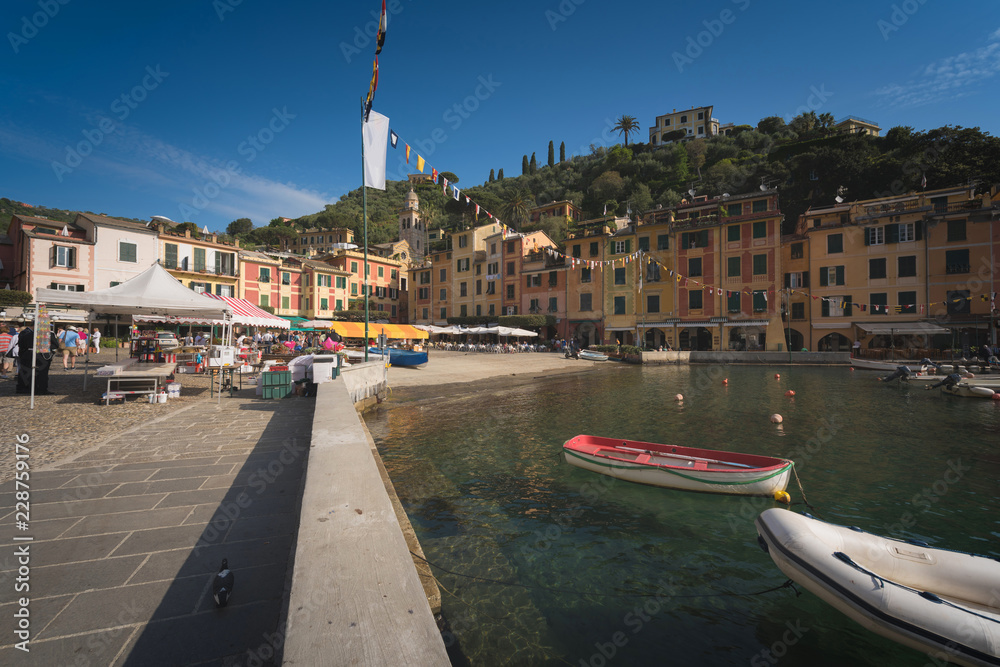 Panoramic view of Portofino, is an Italian fishing village, Genoa province, Italy. A vacation resort with a picturesque harbour and with celebrity and artistic visitors