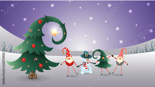 Friends celebrate Winter Solstice, Christmas and New Year. Scandinavian gnomes and snowman with decorated christmas tree. Purple winter landscape