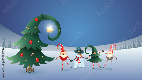 Happy friends celebrate Winter Solstice, Christmas and New Year. Scandinavian gnomes and snowman with decorated christmas tree. Blue winter landscape