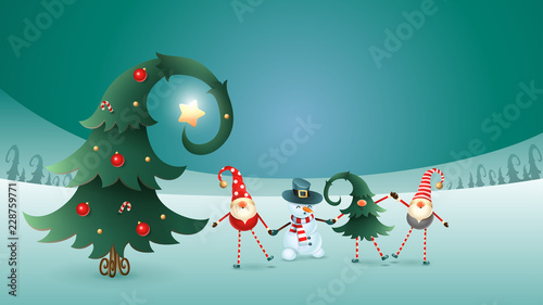 Happy friends celebrate Winter Solstice, Christmas and New Year. Scandinavian gnomes and snowman with decorated christmas tree