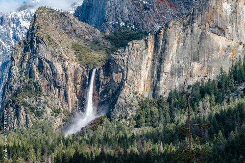 Bridalveil waterfall in the mountains of Yosemite