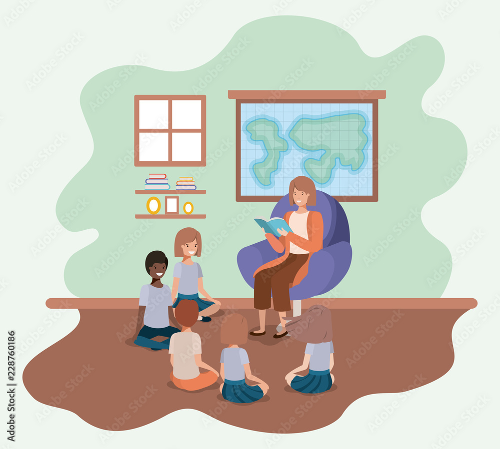 woman reading book in the sofa with kids