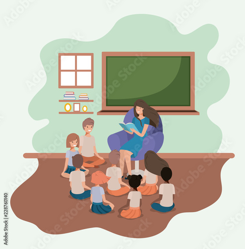woman reading book in the sofa with kids