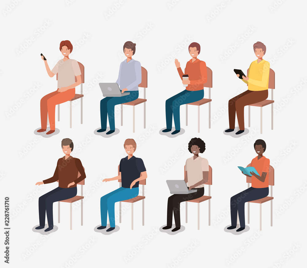 group of men using technology and reading group of men using technology and reading