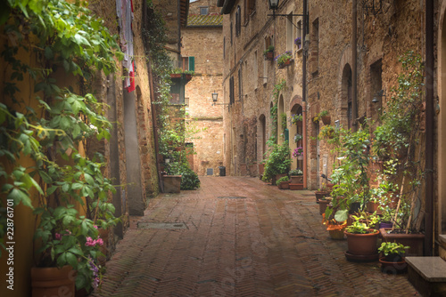 Majestatyczna tradycyjna dekorująca ulica z kolorowymi kwiatami i wiejskimi nieociosanymi domami, Pienza, Tuscany, Włochy, Europa