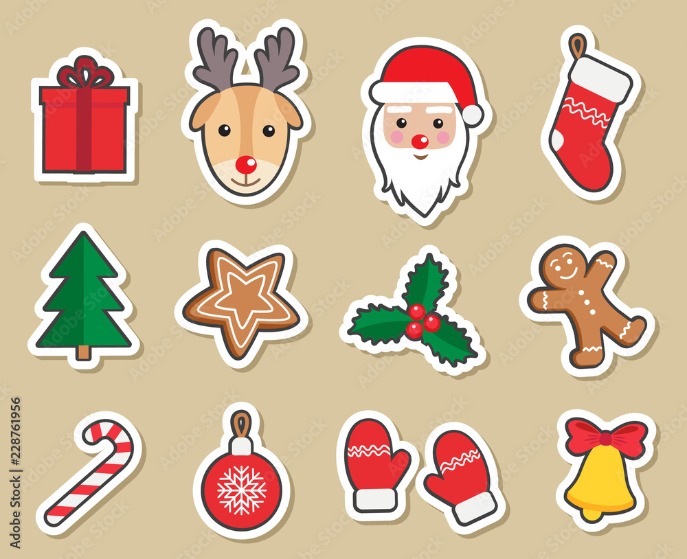 Merry Christmas and Happy New Year cute symbols set: patches of ...