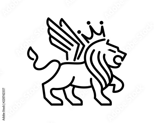 Fototapeta Naklejka Na Ścianę i Meble -  Abstract Vector Line Art Animal King of the Jungle Lion with Wings and Crown Sign Symbol Icon Logo Template Design Inspiration